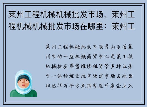 莱州工程机械机械批发市场、莱州工程机械机械批发市场在哪里：莱州工程机械批发市场：机械商贸中心